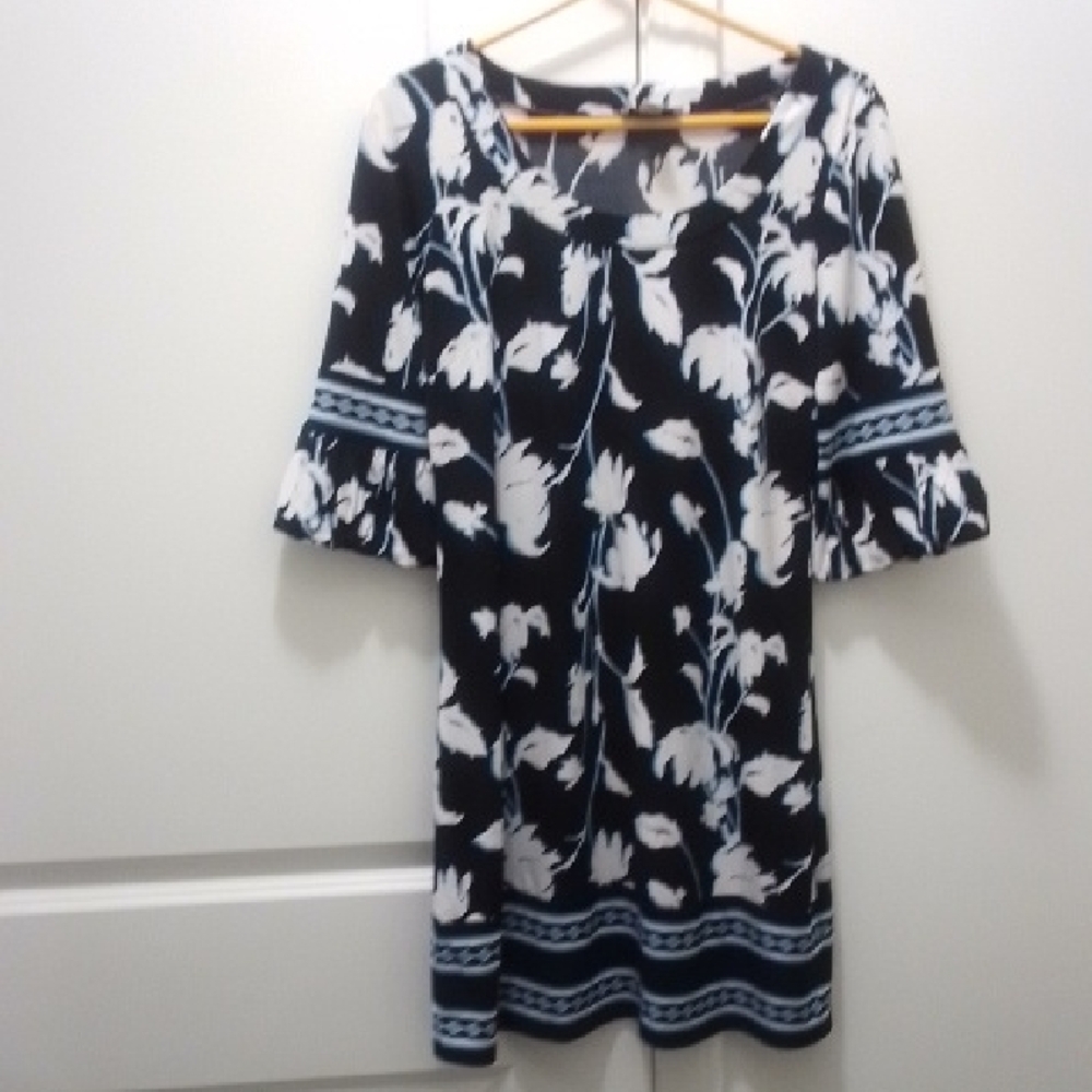LOFT Black and White Floral With A Touch Of Blue Dress